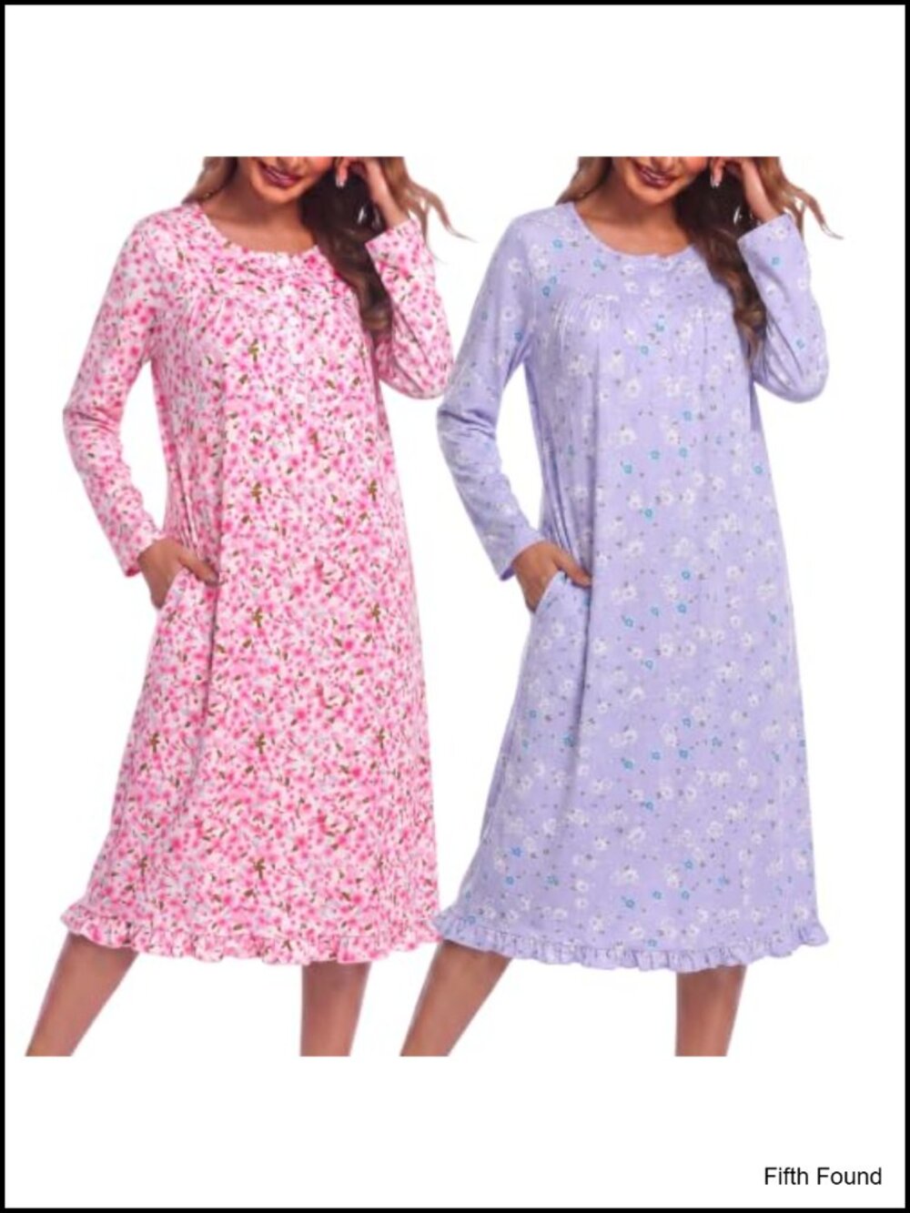 Womens Long Sleeve Nightgown 2 Pack Soft Sleepshirt Pockets Button Down
